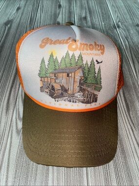 Great Smoky Mountains Trucker Hat - Orange, Olive, Cream NWOT